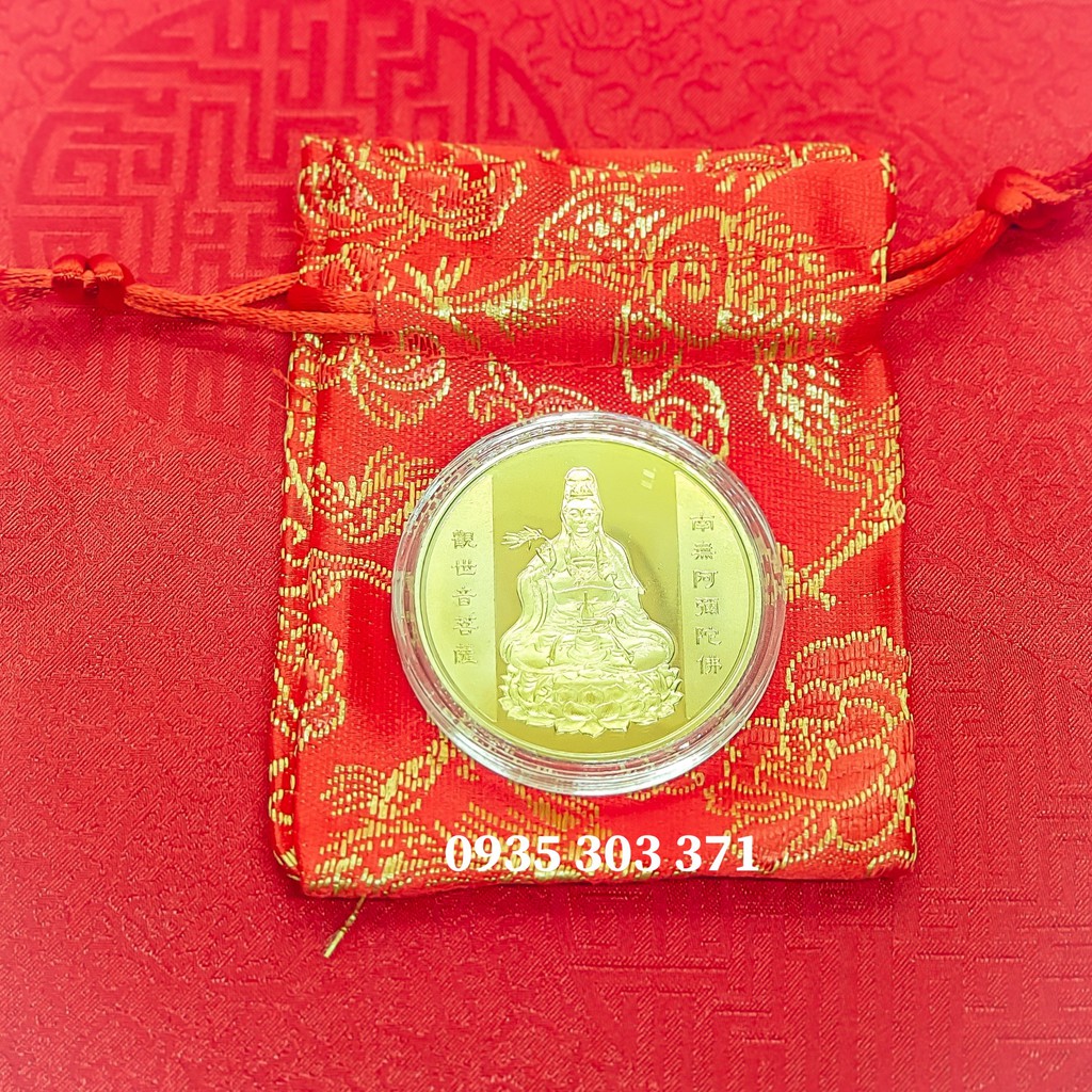 Đồng Xu Hình Phật Quan Âm Kèm Túi Gấm May Mắn Quà Tặng 2021