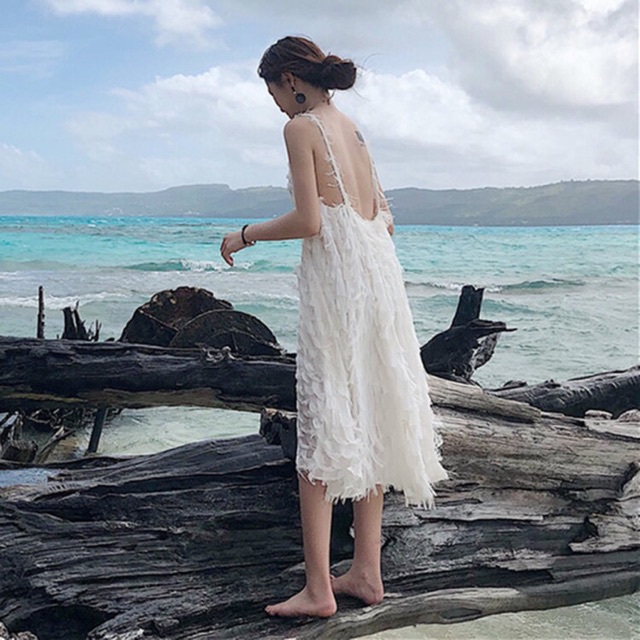 sẵn JANE'S Váy maxi thiên nga hở lưng đi biển J0164