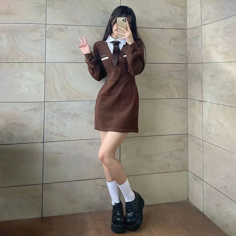 Jiashucheng Đầm Sơ Mi Thắt Eo Phong Cách Preppy Mỹ Cổ Điển Hot Girl