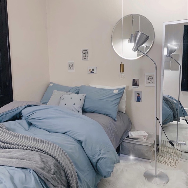 [HÀNG CÓ SĂN] FREESHIP Set chăn ga gối Cotton đũi: mix xanh ghi | BigBuy360 - bigbuy360.vn