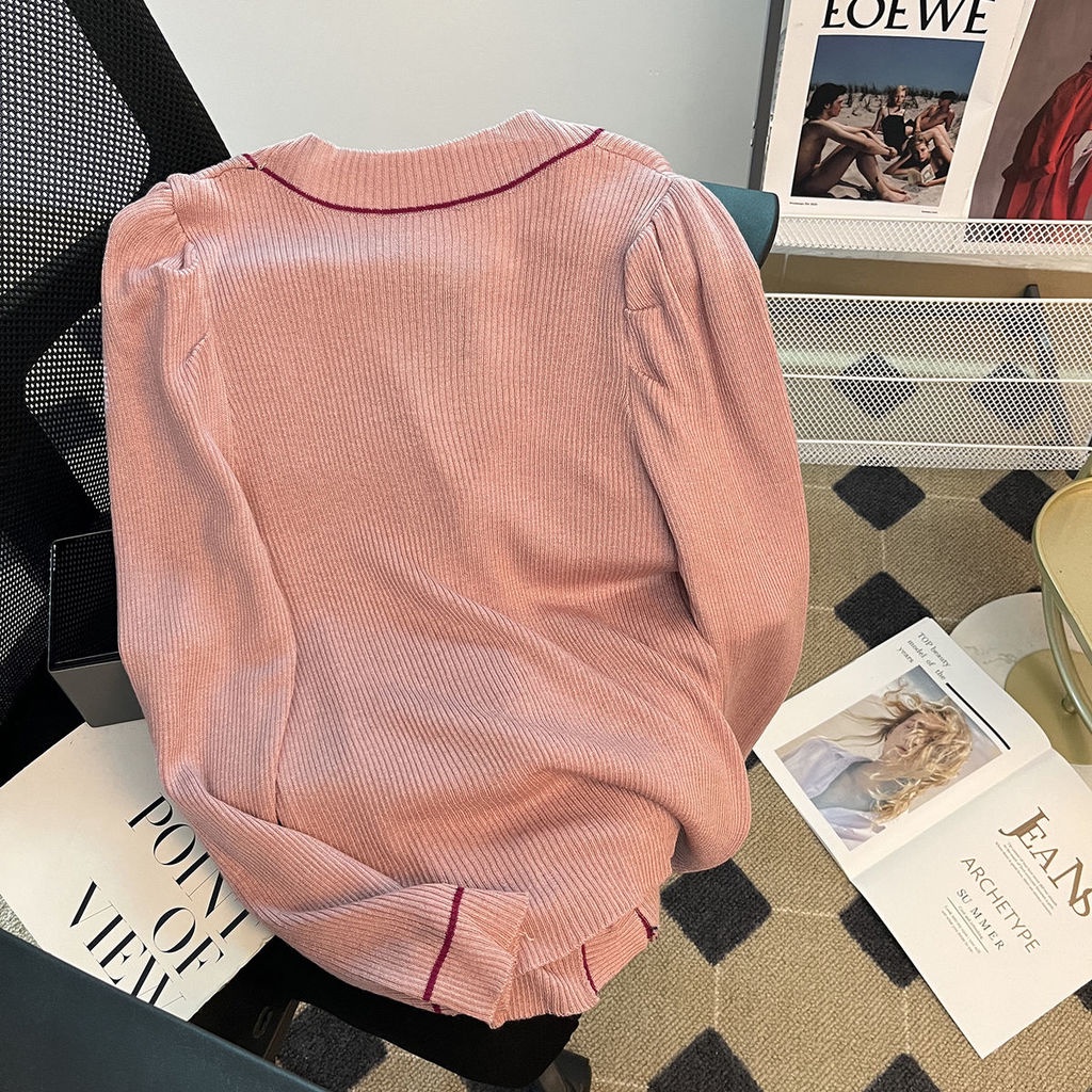 Áo Khoác cardigan Cổ Chữ V Tay Phồng Cài Nút Màu Sắc Tương Phản Thời Trang Mùa Thu Cho Nữ