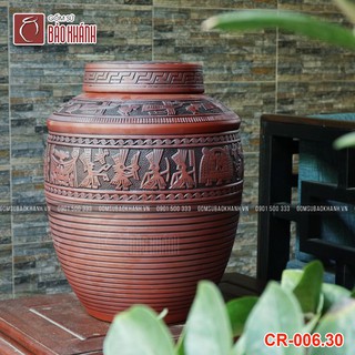 Chum, Nậm sành Đông Sơn 10,20,30L Bát Tràng, thiết kế hoa văn nổi, 2 nắp đậy chống xâmnhập