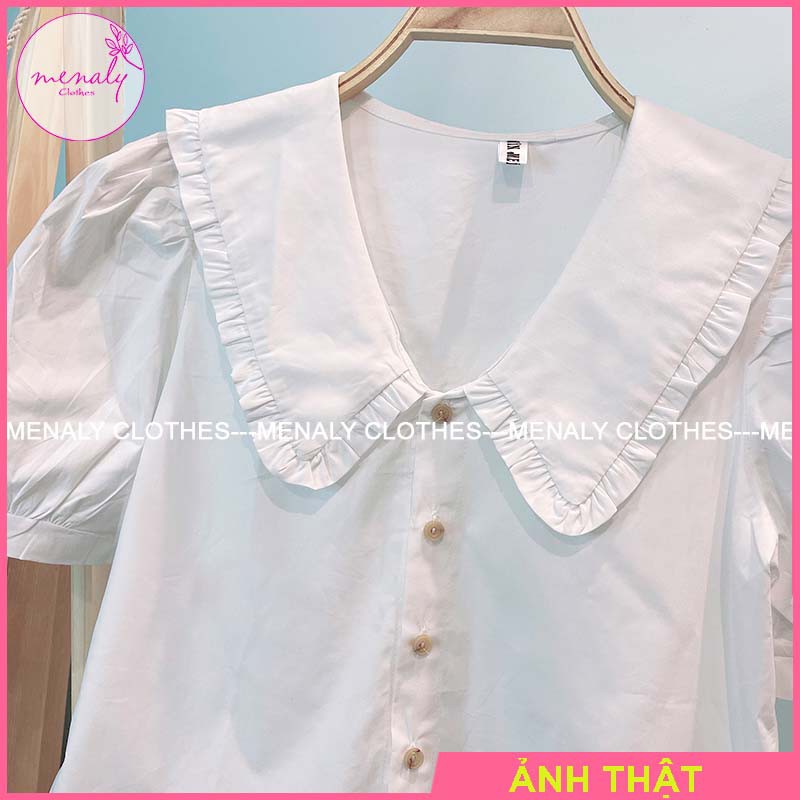 Áo sơ mi trắng hàn quốc cộc tay phồng AH016, mẫu áo sơ mi cổ bèo vintage nhẹ nhàng nữ tính, thích hợp đi học đi làm