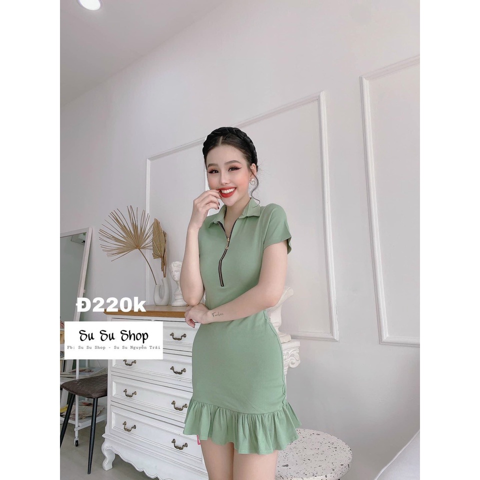 đầm ôm đuôi cá tay ngắn cổ trụ phối dây kéo thời trang đơn giản xinh xắn m4345
