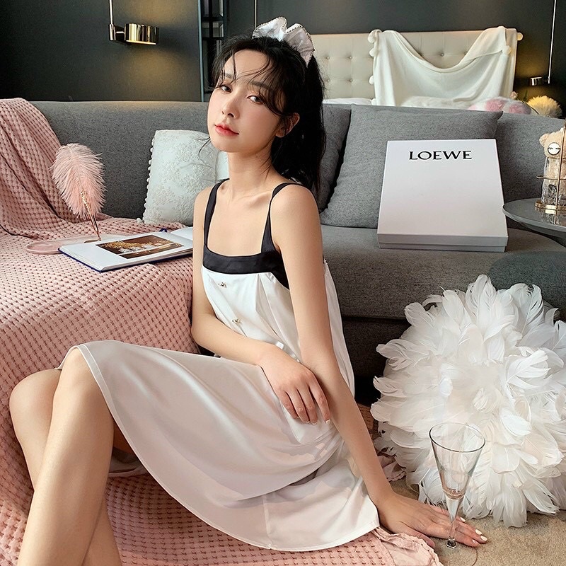 Váy ngủ lụa hai dây màu trơn chane,l 5