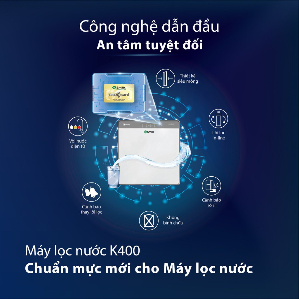 Máy Lọc Nước K400, siêu mỏng, cảnh báo thay lõi tự động, vòi điện tử