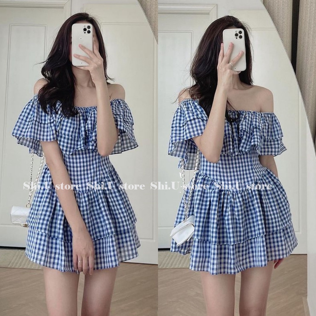 Váy trễ vai kẻ caro xanh bèo tầng đầm trễ vai chun ngực xòe bồng phong cách tiểu thư