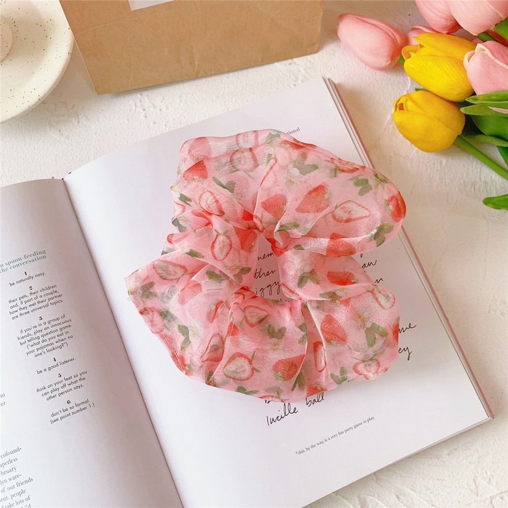 Cột tóc vải scrunchies vòng đeo tay scrunchies chất liệu voan bản to họa tiết hoa quả cho bạn gái