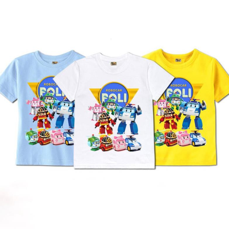 HOT Áo thun hoạt hình trẻ em Robocar Poli Robot màu vàng xanh trắng