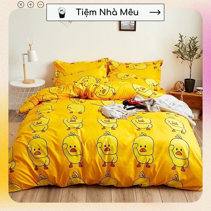 ( ẢNH THẬT )Bộ Chăn Ga Gối Cotton 3D✨m6/m8/2m-Tiệm Nhà Mêu✨Set 4 Món 2 Vỏ gối ,drap , vỏ chăn Chú Gà Vàng Cute