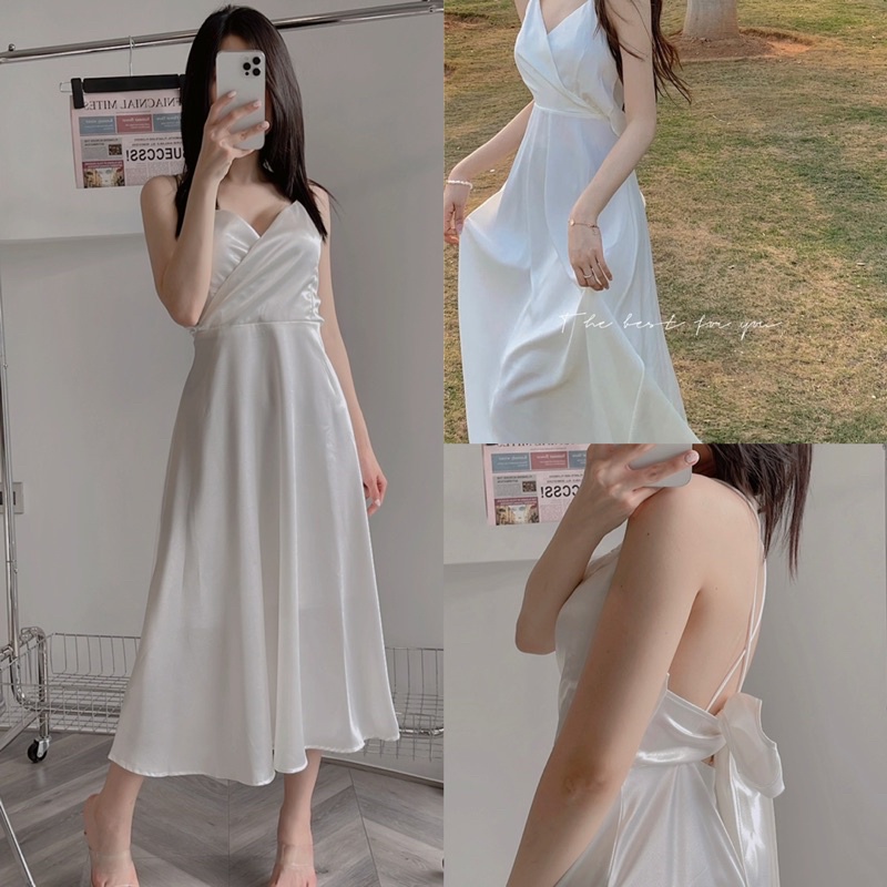 Đầm maxi trắng hai dây cột lưng quảng châu taobao