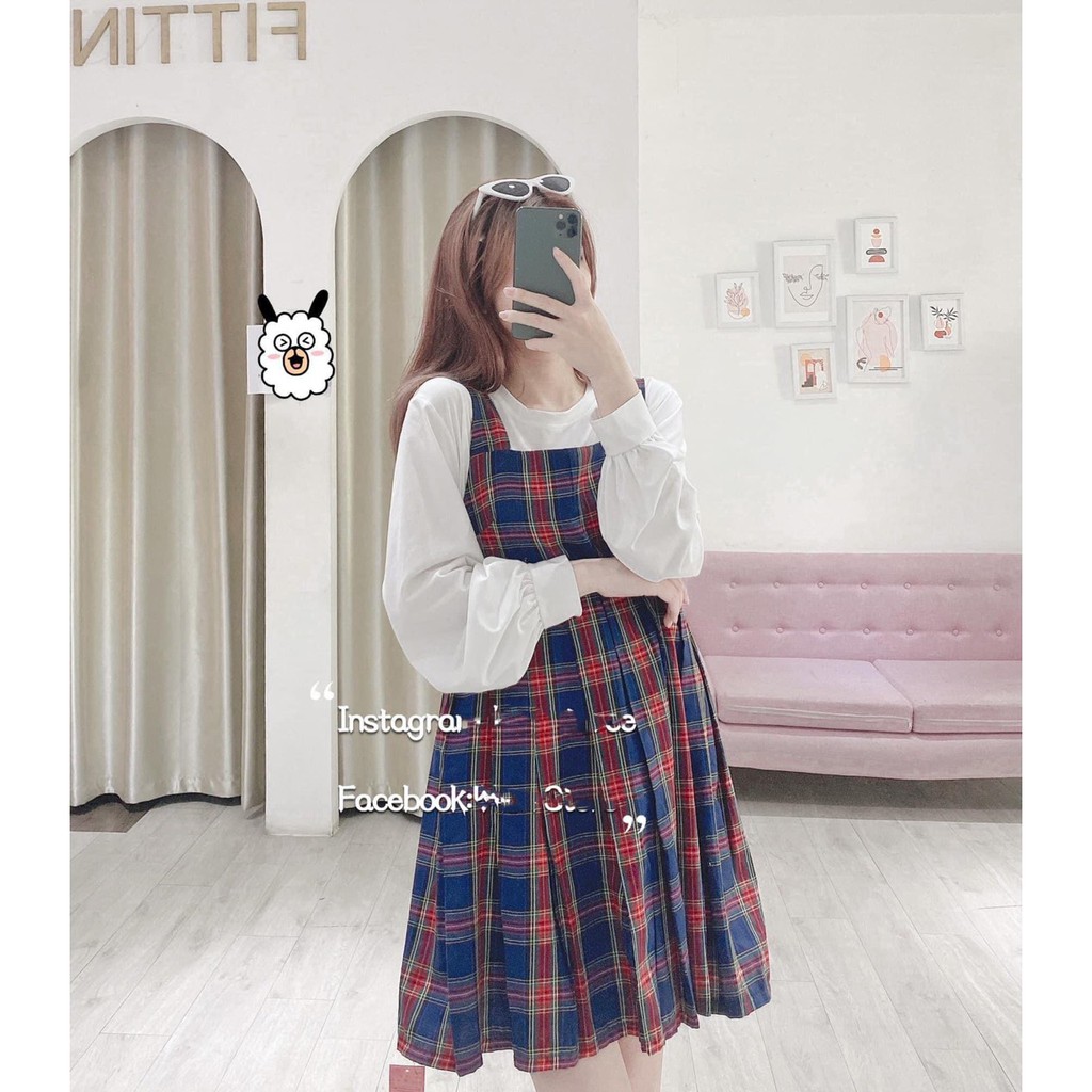 Sét Váy Yếm Kẻ Caro Mix Áo Thun Tay Bồng Siêu Hot