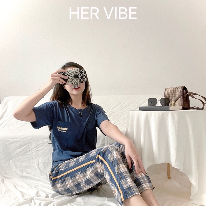 Bộ đồ pijama mặc nhà nữ thu hè tay ngắn quần dài xanh than siêu mềm thấm hút - Đồ ngủ nữ mặc nhà quần dài Her Vibe