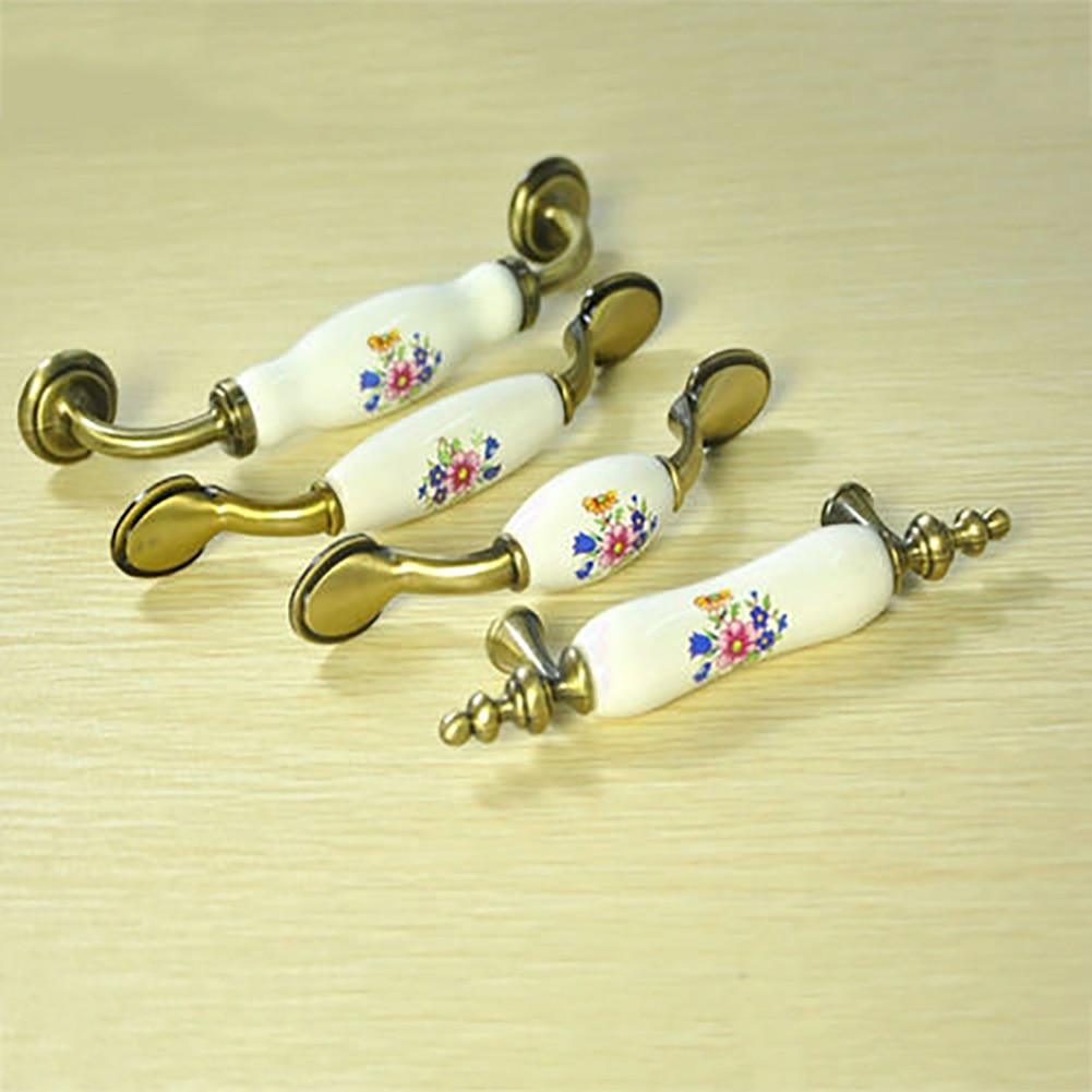 Tay cầm cửa bằng gốm in hoa phong cách cổ điển cho tủ chén, tủ rượu, cửa phòng