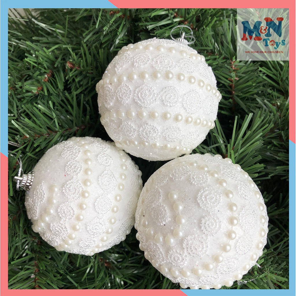 Combo 3 quả châu trắng cao cấp hạt vòng treo cây thông Noel trang trí Giáng sinh đường kính 8cm