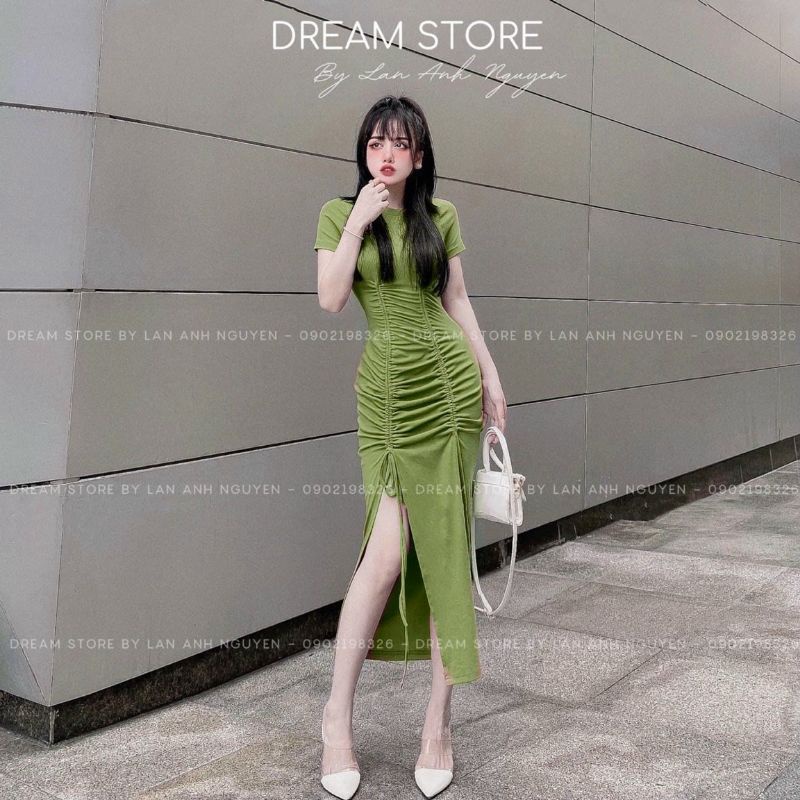 Đầm ôm body tay ngắn xẻ tà rút dây eo - 1275