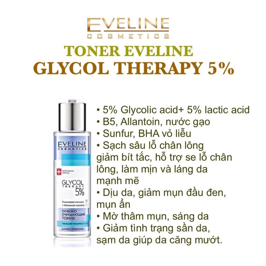 Toner Eveline Glycol Therapy 5% Cho Da Căng Bóng Mịn Màng Mờ Thâm Mụn Se Khít Lỗ Chân Lông 110ML
