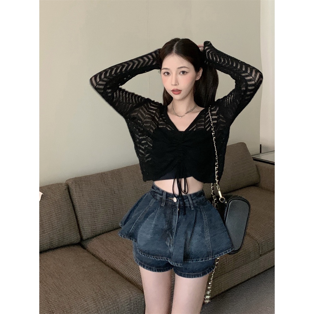 【ZHELIHANGFEI】Áo Dệt Kim Chống Nắng Lưng Cao Phối Dây Rút Trẻ Trung Quyến Rũ Dành Cho Nữ