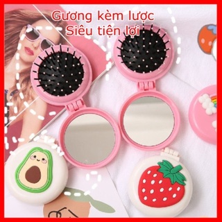 Gương cầm tay mini kèm lược chải tóc hình tròn dễ dàng trang điểm cho bạn gái phong cách hàn quốc dễ thương