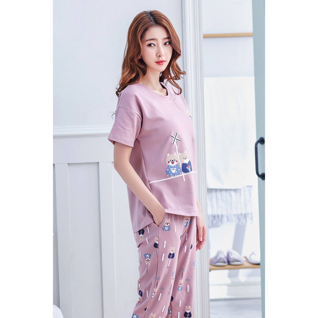 Đồ Bộ Pijama Ngắn Tay Họa Tiết Kẻ Sọc Phong Cách Hàn Quốc Cho Nữ