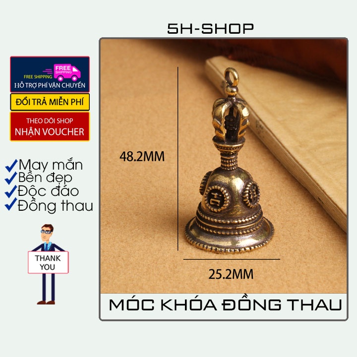 Móc khóa đồng thau tượng hình cái chuông khắc chữ đề cực đẹp may mắn độc đáo lạ phong cách bền bỉ đẹp.5H