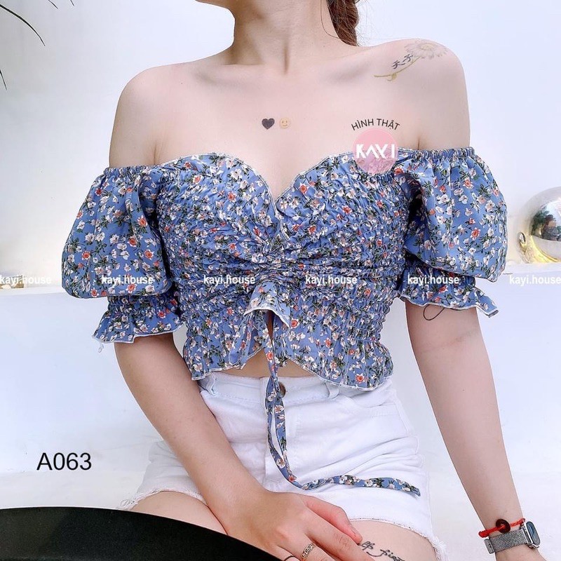 [Mã FAMAYWA giảm 10K đơn 50K] Áo croptop hoa nhún rút giữa tay ngắn - ảnh thật - A063 | BigBuy360 - bigbuy360.vn