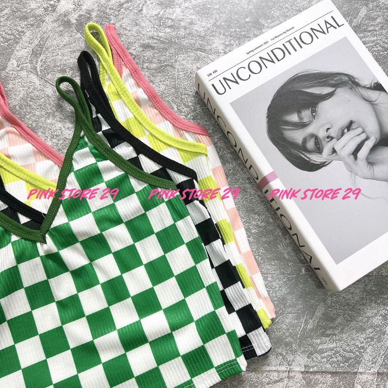 Áo croptop 2 dây cổ V ôm body họa tiết caro