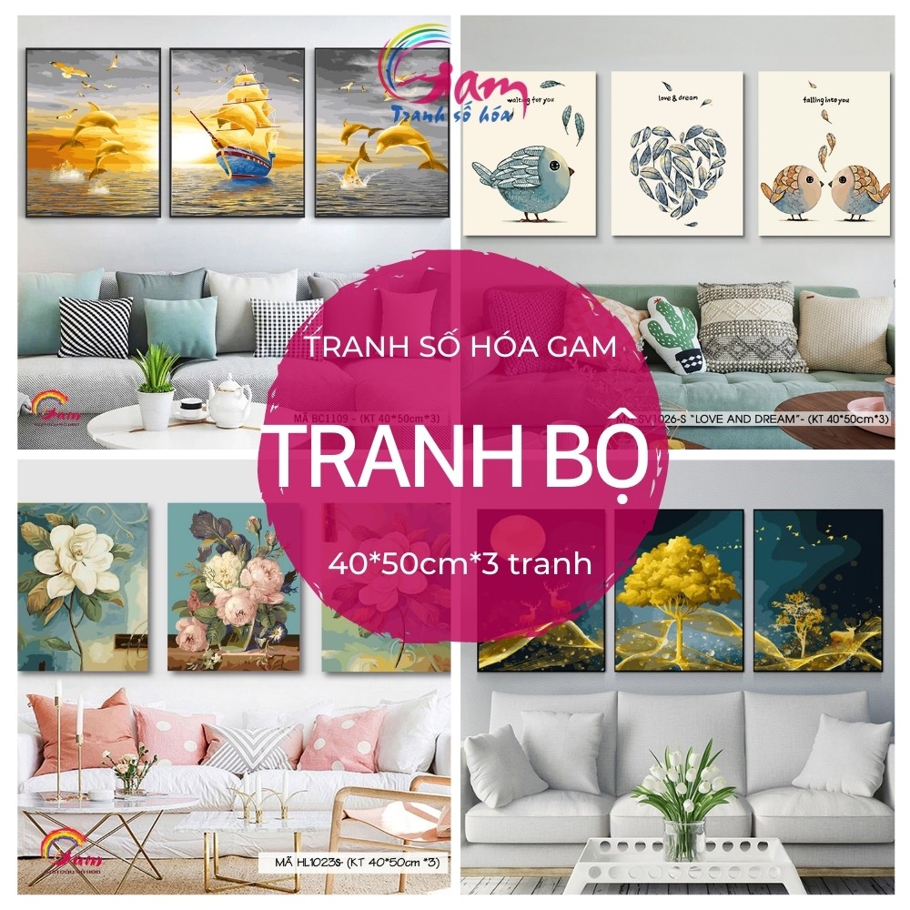Bộ 3 bức tranh tự tô màu theo số Gam đã căng khung phong cách hiện đại
