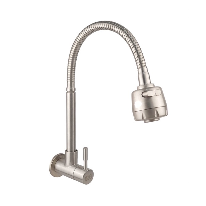 Vòi rửa chén lạnh âm tường cần lò xo Inox SUS 304 Eurolife EL-RC10 (Trắng bạc)