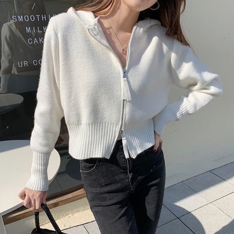 IELGY Áo khoác hoodie ngắn dệt kim thiết kế hai dây kéo thời trang cho nữ