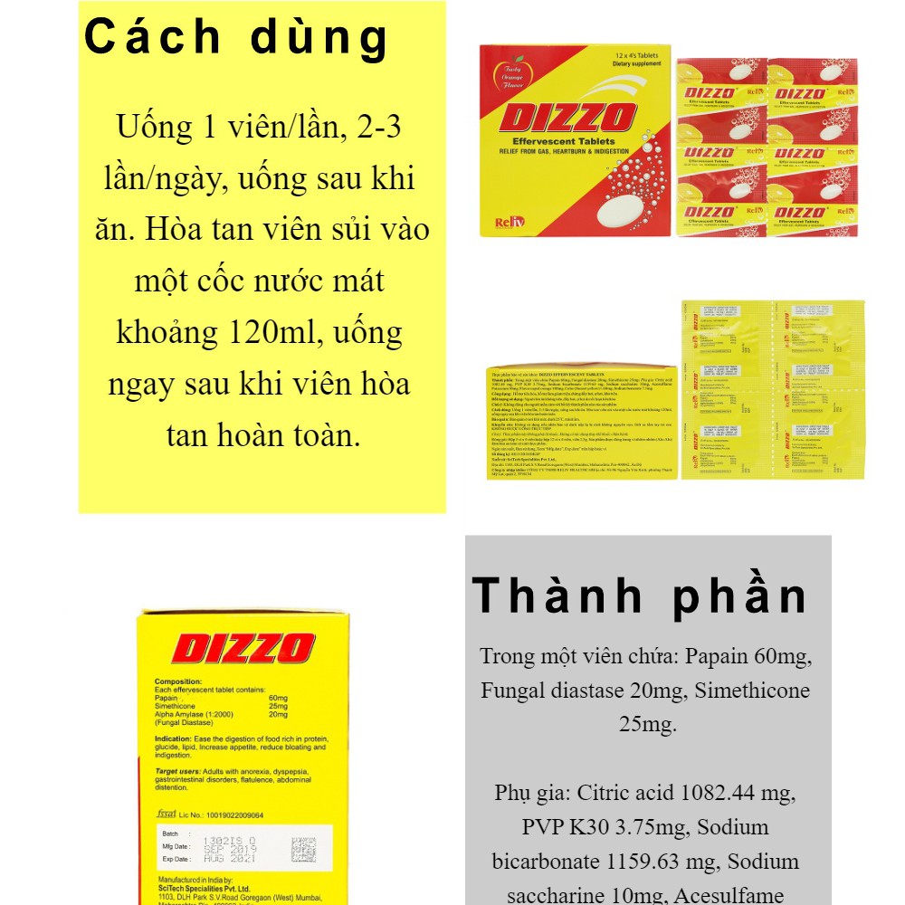 Viên sủi tiêu hóa Dizzo - Giảm ngay chứng đầy hơi, đình bụng, khó tiêu, ợ chua