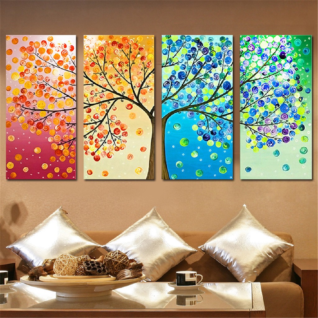 Bộ 4 tranh canvas hình cây 4 mùa dùng trang trí treo tường