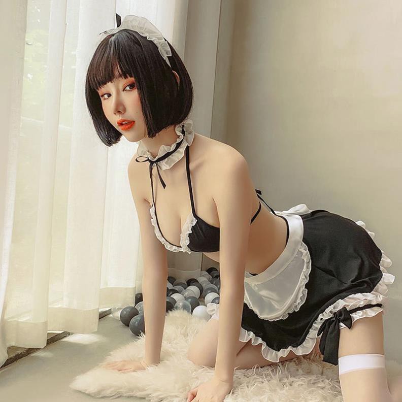 Đồ cosplay sexy nàng hầu gái 3 mảnh bikini đen đầy đủ phụ kiện 384