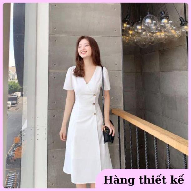 ( Hàng cao cấp ) Đầm công sở vạt chéo nút gỗ xinh xắn [KÈM ẢNH THẬT]