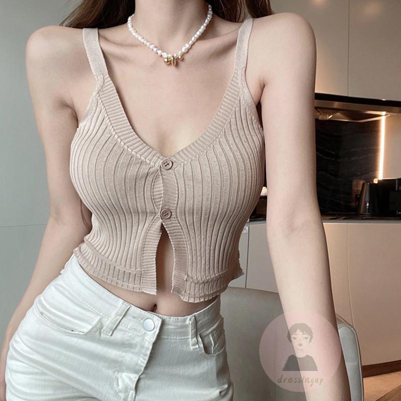 Áo Dệt Kim Hai Dây Cổ Chữ V Cài Nút Thời Trang Mùa Hè Cho Nữ