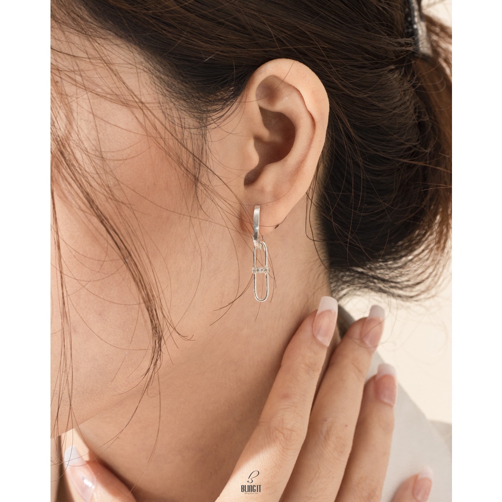 Khuyên tai bạc nữ 925 có bảo hành BLING IT thiết kế đơn giản đính hạt đá dạng dài BIBT507