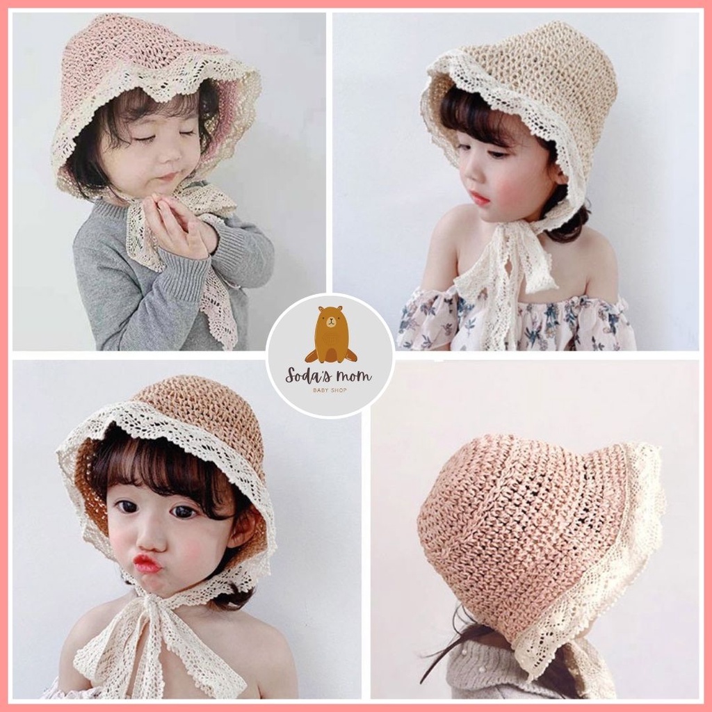 Nón mũ cói viền ren thắt nơ xinh phong cách Ajuma Hàn Quốc cho bé freesize từ 1 đến 4 tuổi