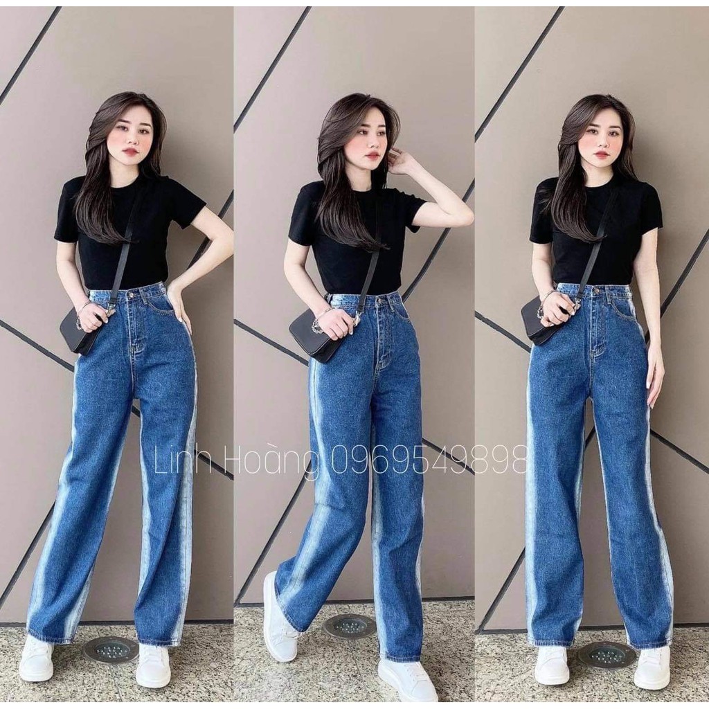Quần Bò Nữ Ống Rộng Loang Sọc Viền - Culottes jeans ống suông cạp cao khuy giữa hạck chiều cao Ulzzang