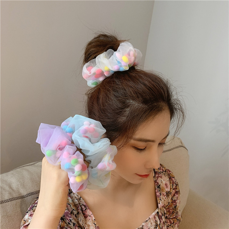 Dây Cột Tóc Đính Bóng Lông Màu Cầu Vồng Phong Cách Hàn Quốc Ngọt Ngào