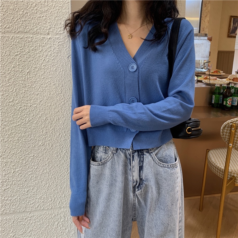 IELGY   Áo Khoác Dệt Kim Mỏng Tay Dài Cổ Chữ V Màu Đen Đơn Giản Cho Nữ