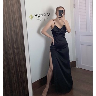 Váy Lụa Dài Kiểu Xoắn Ngực Xẻ Tà