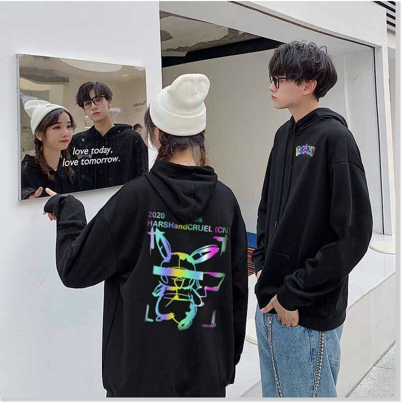 Áo khoác hoodie nam nữ  phối chữ cùng họa tiết pikachu phản quang siêu đẹp form rộng thoáng mát hot | BigBuy360 - bigbuy360.vn