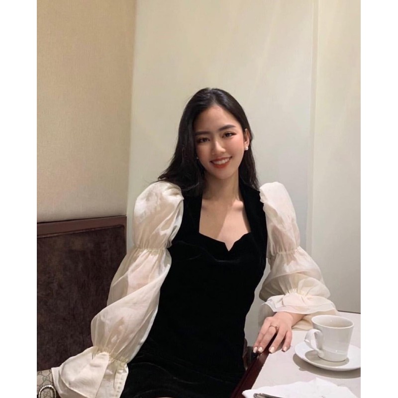 Đầm đen phối tay trắng h14