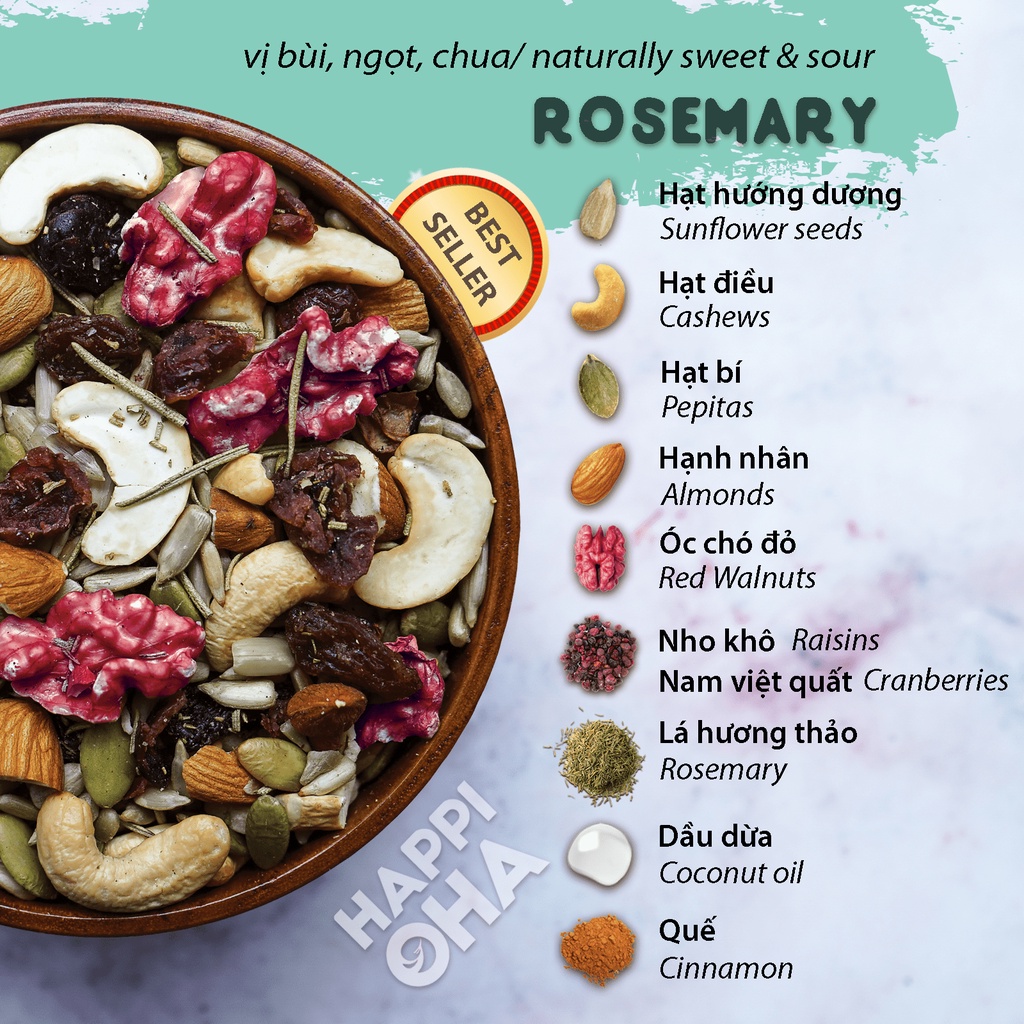 Trail mix Rosemary HAPPI OHA - Ngũ Cốc Ăn Kiêng Không Đường Tinh Luyện Hỗn Hợp Hạt Trái Lá Hương Thảo 40g