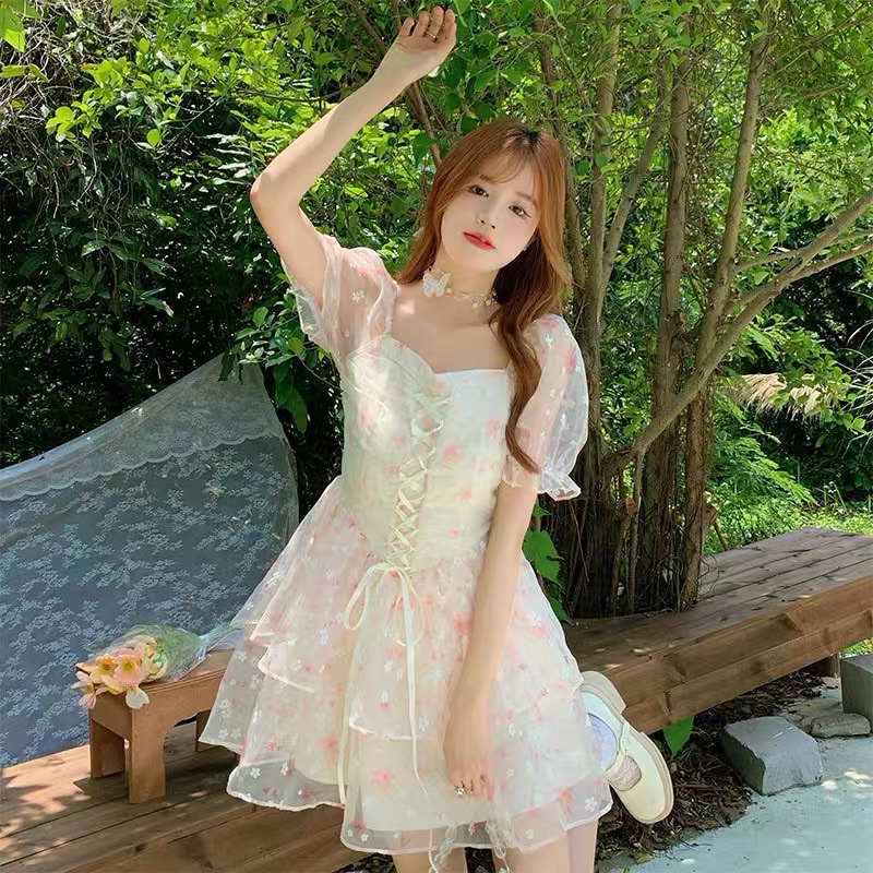 🌷 Váy Hoa Nhí Hồng Dáng Xoè Tầng Tay Phồng Thắt Dây Tiểu Thư Xinh Xắn