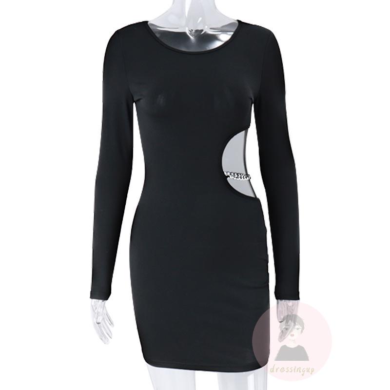 Đầm Ngắn Cổ Tròn Tay Dài Màu Trơn Phối Dây Xích Kim Loại Thời Trang Cho Nữ