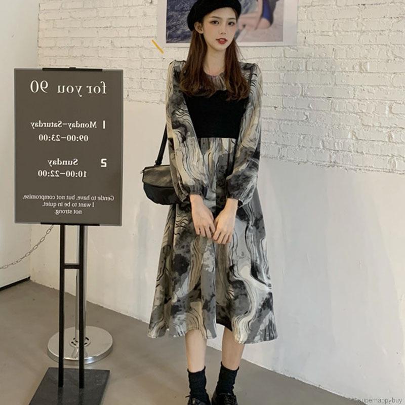 Đầm Maxi Tay Dài Hoạ Tiết In Phong Cách Retro