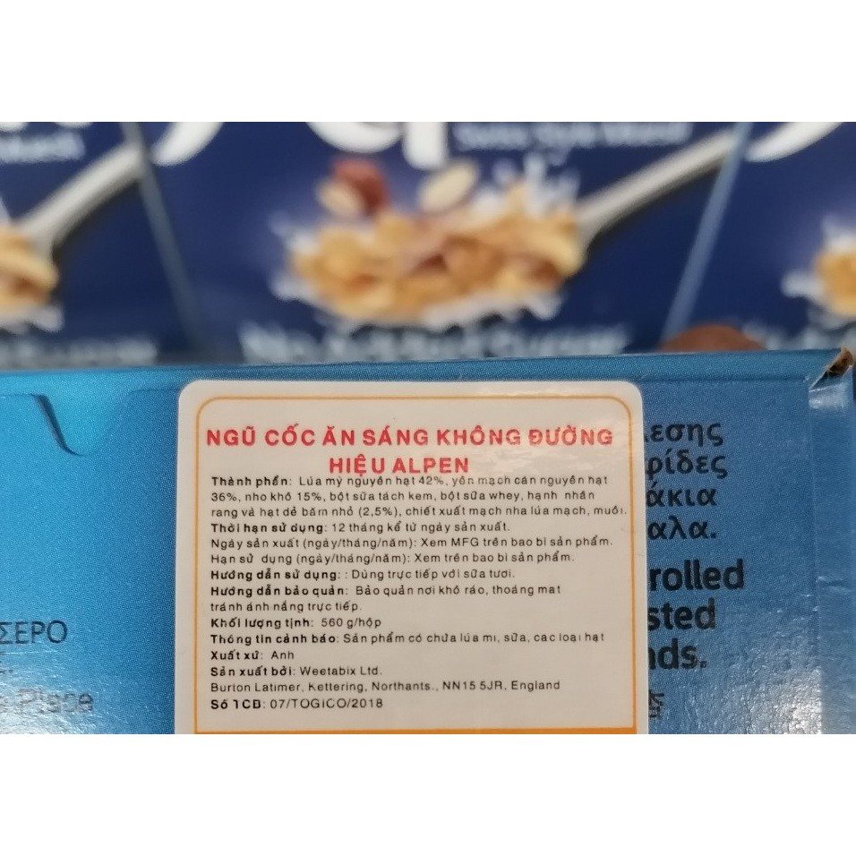 [560g] Ngũ cốc ăn sáng không đường [U.K] ALPEN Swiss Style Muesli (tgc-hk)