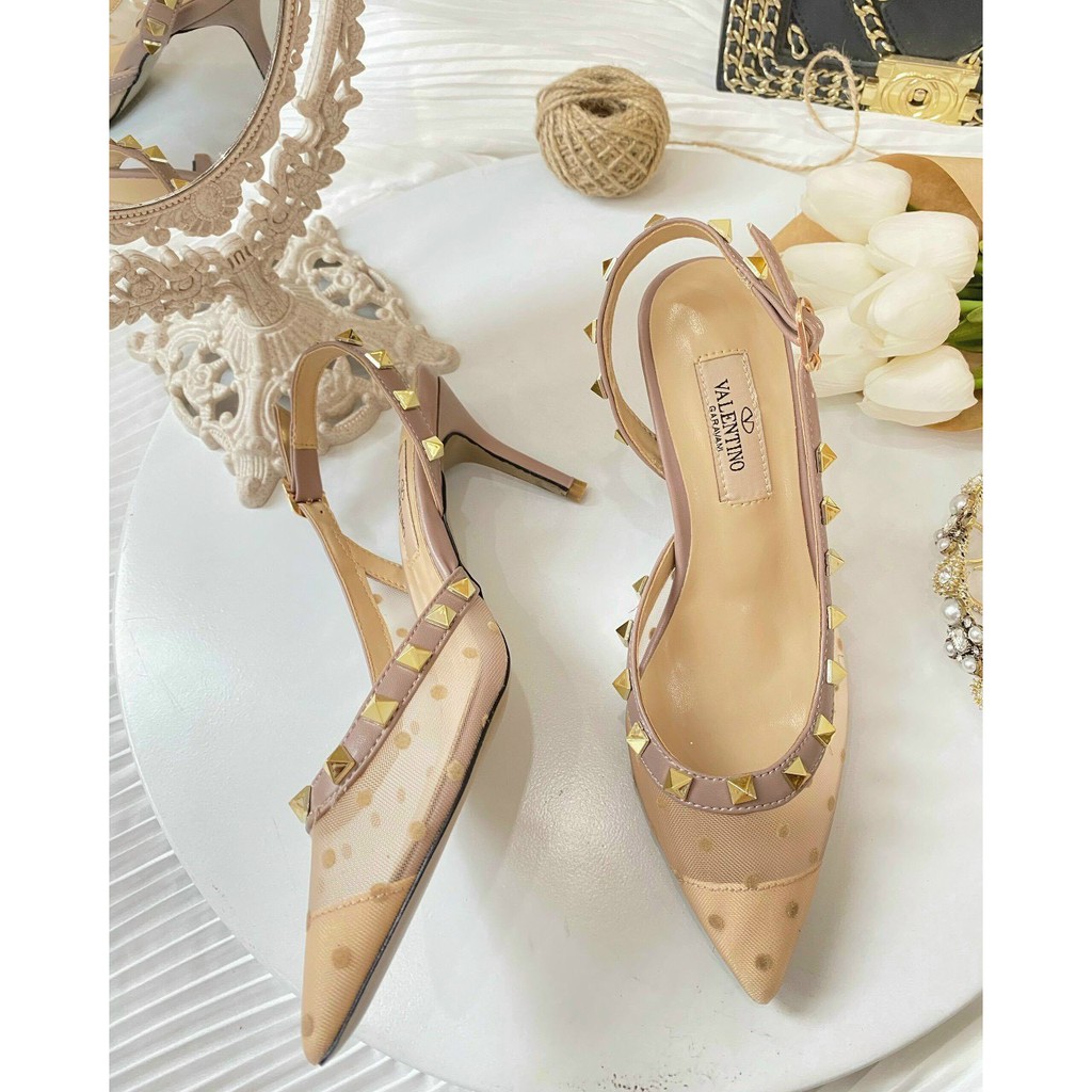 Sandal nữ Lưới Chấm Bi Viền Đinh Tán Siêu Mềm Êm Full Box Hãng Cao Cấp