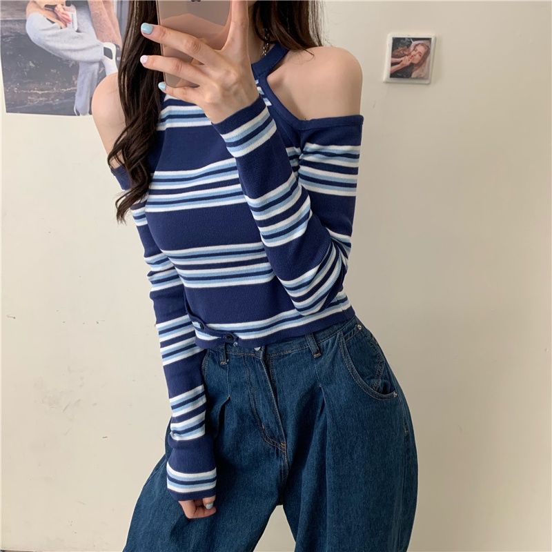 Áo dệt kim dài tay trễ vai hoạ tiết kẻ sọc thiết kế thanh lịch thời trang